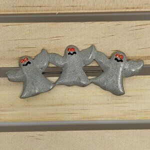 Vintage Signed AS Trio of Ghosts Brooch Pin Halloween Autumn Pewter Silver Tone